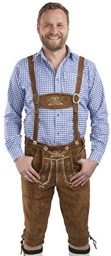 Schöneberger Trachten Couture Herren Lederhose Kniebund - Trachtenlederhose Hopfen und Malz - Echtleder Kniebundlederhose inkl. Hosenträger