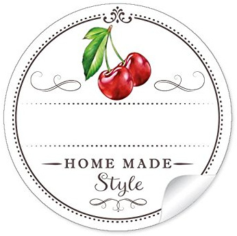 24 STICKER: 24 Schöne Marmeladenetiketten für die Küche in weiß mit Kirsche Home Made Style mit Freitextfeld für selbstgemachte Marmelade, Einmachgläser • Format 4 cm, rund, matt