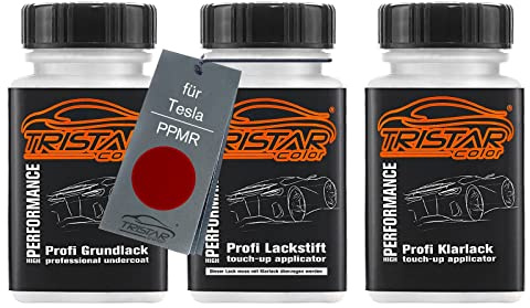 TRISTARcolor Autolack Lackstifte für Tesla PPMR Sunset Red Perl + Klarlack | Muir Red Perl, Set aus Grundlack + Basislack + Klarlack, Lackfläschchen mit Pinsel, je 50ml