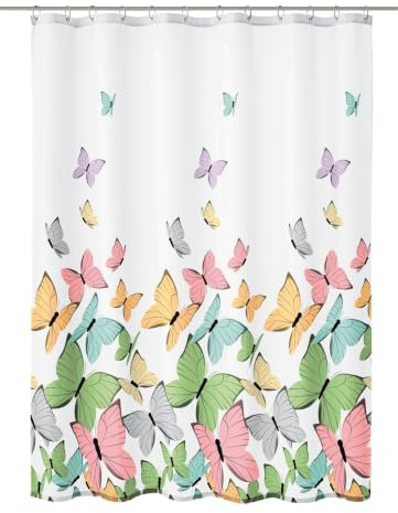 Kleine Wolke Duschvorhang Textil Butterflies Multicolor 180 x 200 cm | OEKO-TEX zertifiziert, wasserabweisend, verstärkte Ösen, mit Beschwerungsband, weiches Textilgewebe, maschinenwaschbar