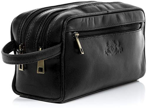 SID & VAIN® borsa toiletry vera pelle GATWICK grande borsetta necessaire Toilette pochette beauty case da Viaggio uomo donna nero prodotto artigianale