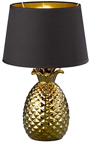 Reality Leuchten Pineapple R50431079 Tischleuchte, Keramik, Stoffschirm Schwarz/Gold, Höhe 43cm