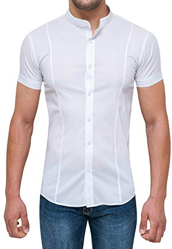 Evoga Camicia Uomo Slim Fit a Maniche Corte Casual Aderente Coreana (XXL, Bianco)