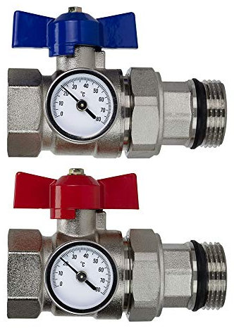 1'' Ball Valves Pair and Temperature Gauge for Underfloor Heating Manifolds