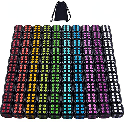 SIQUK Würfel 100er Set Abgerundete Ecke Schwarze Würfel 16mm mit Bunten Pips für Tenzi Farkle Yahtzee Bunco oder Mathematikunterricht mit Kostenlosem Aufbewahrungsbeutel