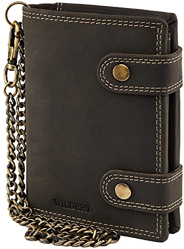 Wildery® RFID - Portafoglio da motociclista in formato verticale, 13 x 3 x 10 cm, da uomo, con catena di sicurezza, colore: nero/marrone/beige/#Vintage Chain WI109 (nero)