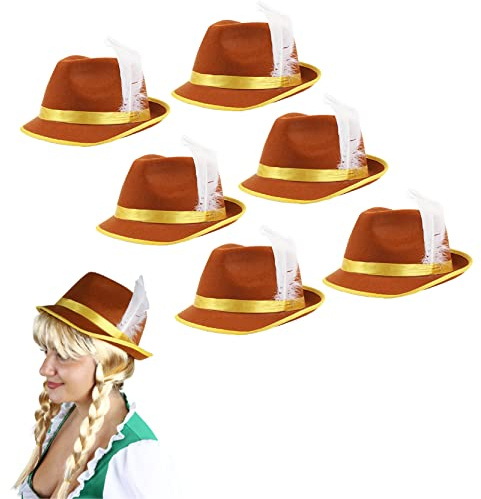 Ladies Brown Bavarian Hat - Oktoberfest Bavarian Hat with Feather Detail - Adults German Tyrolean Trilby Fancy Dress Accessory - Pack of 6