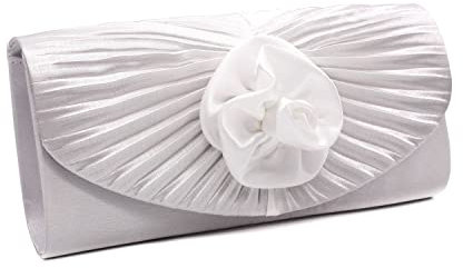 Damen Clutch Satin Plissee Umschlag-Stil Clutch Abendtasche mit 3D-Rosen-Blume, weiß, Small