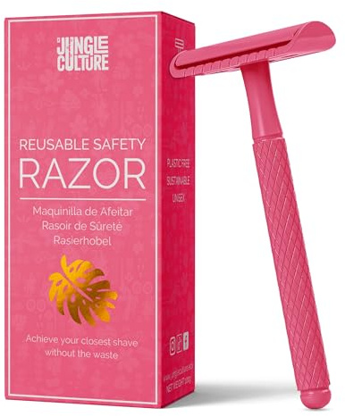 Jungle Culture® Rasoir de Sûreté Femme • Rasoir de Sécurité en Métal Compatible Toutes Lames Doubles • Rasage Manuel avec eBook de Rasage • Cadeau de Beauté Zéro Déchet (Rose Chaud)