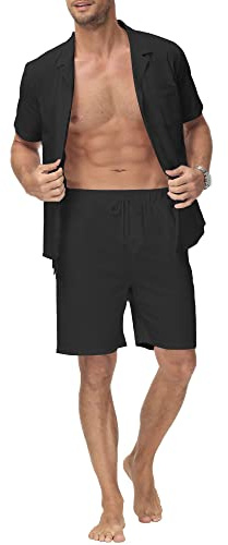 YAOHUOLE Herren 2 Stück Baumwolle Leinen Set Button Down Hemd Langarm Casual Strand Hose Sommer Yoga Outfits Schwarz M