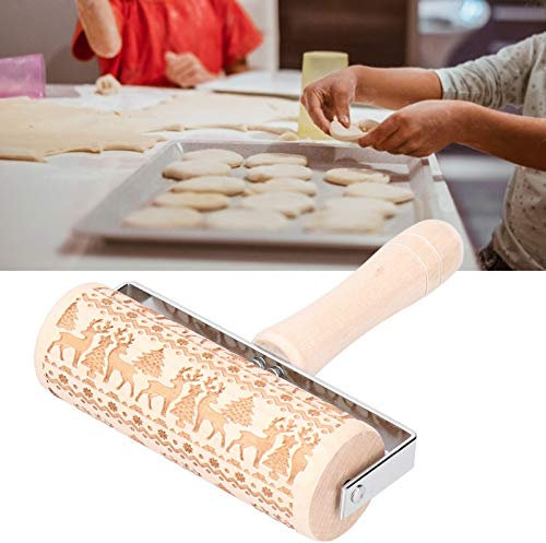 Alvinlite geprägtes Nudelholz | Weihnachts-Nudelholz aus Holz mit Elch-Schneeflocken-Muster zum Backen von Pizza, Keksen und Küchenzubehör | Elch | Nudelholz