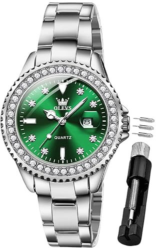 OLEVS Damenuhr Diamant Analoge Armbanduhr mit Kleines Grün Gesicht Silber Edelstahlband wasserdichte Frauen Uhr Geschenk Sale Marken