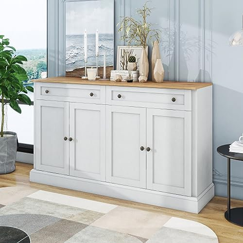 Tcewhhy Großes Sideboard Mit 4 Türen Und 2 Schubladen Buffetschrank Für Schlafzimmer Esszimmer Küche Wohnzimmer Beistellschrank Schrank Standschrank Kommode Anrichte Antikweiß+Naturholz