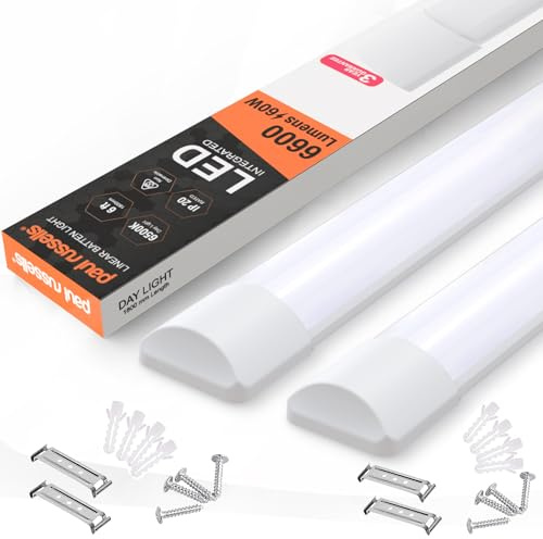 Paul Russell's 6ft LED Batten Light, Ceiling Fitting Tube Light, 6500K Daylight, 60W, 6600 Lumens, Office, Bathroom, Kitchen, Garage, Warehouse Fluorescent Lighting Replacement, 2 Packs