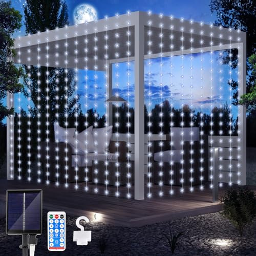 Solar Lichterketten Aussen, Solar Lichtervorhang 3Mx3M 300 LED Wasserfall Lichterkette 8 Modi Wasserdichte Vorhang Lichter mit Fernbedienung für Weihnachten Hochzeit Party Garten Dekorationen