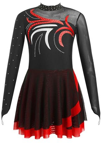 TiaoBug Mädchen Klassisch Eiskunstlauf Kleid Mesh Spleiß Tanzkleid Langarm Strass Stein Body mit Handschlaufe Slip und Röckchen Tanzbekleidung Rot H 146-152