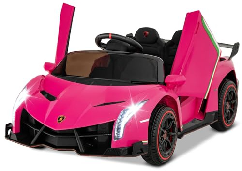 COSTWAY Coche Eléctrico para Niños Lamborghini 12V, Vehículo Eléctrico con Control Remoto de 2,4 G, 3 Velocidades, Puertas Hidráulicas, Luces LED, Rueda, Bocina, Música, para Niños 3-8 Años (Rosado)