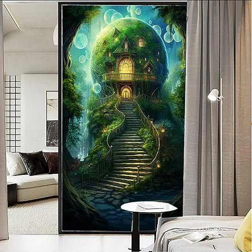 Wonderland Castle Buntglas-Fensterfolie, Cartoon-Stil, Märchen, Chalet, Haus, Sichtschutz, Fensterfolie, nicht klebende Glasfolie, dekorative statische Frischhaltefolie für Zuhause, Büro, 45 x 60 cm