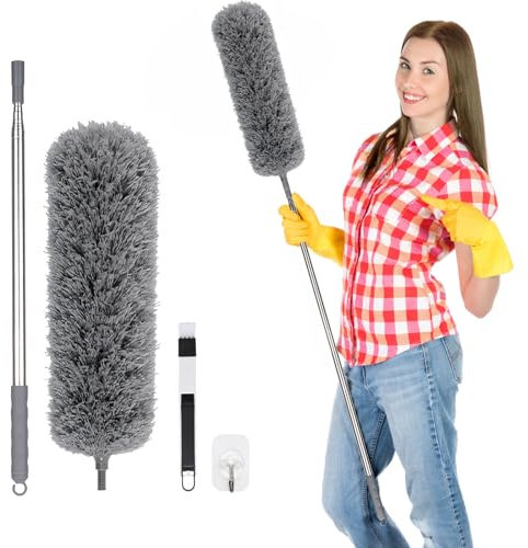Oamwrae Feather Duster Extendable, Microfiber Long Handled Duster with 40-240 cm Telescopic Pole and Groove Cleaning Brush, for Ceilings, Cars, Household Cleaning