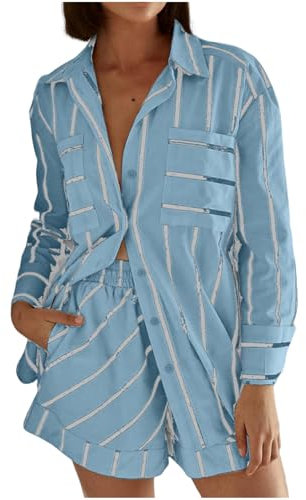 NSICBMNO Summer Co Ord Sets für Damen, Übergröße, zweiteiliges Outfit, gestreifte Shorts, übergroße Langarm-Shirts, hohe Taille, Shorts, Lounge-Set, lässiger Trainingsanzug mit Taschen, Y2K Streetwear