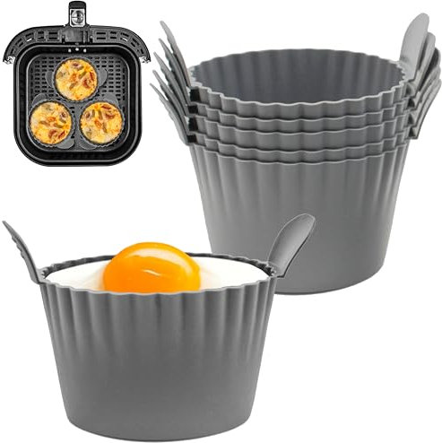 JacksGifts Premium Silicone Ramekins for Air Fryer - Double Thickness Silicone Muffin Moulds, Air Fryer Egg Mould for Fried Eggs, Air Fryer accessories (6 Pack, Grey)