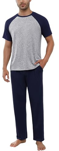 Bresdk Pigiama Uomo Cotone 2 Pezzi con Pantaloni Lunghi e Tasche | Completo da riposo leggero con maglia a manica corta e vestibilità morbida, pratico per mezze stagioni, sonno e relax