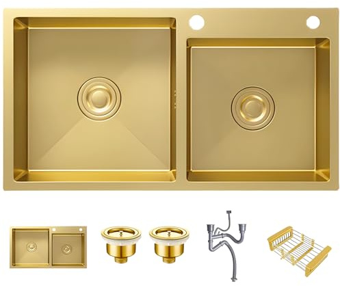 Gold Double Bowl Kitchen Sink, 31.5 ×17.7 Stainless Steel Nano-Coated, Double Basin Sink, Drop-In Undermount, With Gold Sink Stopper Drain Strainer