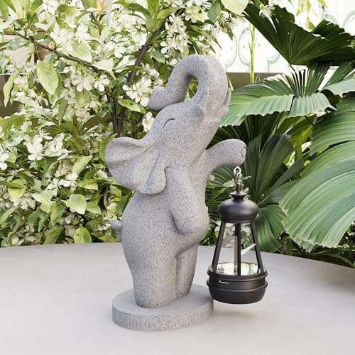 mikilov Statue d'éléphant en résine avec lanterne solaire (statue sur pied, statue de pelouse, décoration de jardin, décoration de maison, sculpture, figurine animale, pour balcon, jardin