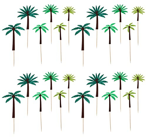 HOUDERCO Décorations pour Gâteaux Hawaïennes de Palmier et Cocotier 24 Pièces Papier Cartonné Thème Fête Tropicale pour Anniversaire Garçon et Filles et Desserts Estivaux