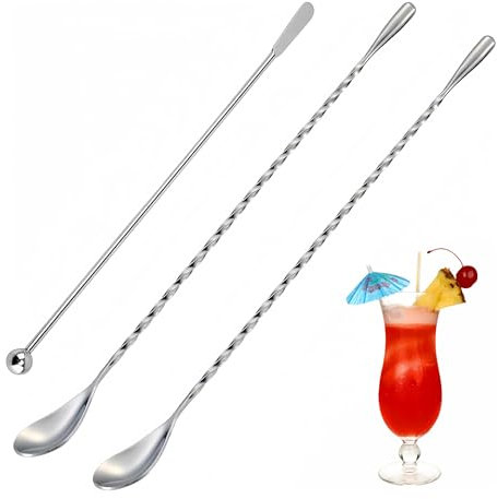 3 Pcs Cocktail Stirrers, Sturdy and Durable Bar Spoon, Multi-Purpose Stainless Steel Cocktail Spoon for Bartender or Home Use, Used to Stir Cocktails, Drinks, Milk, Honey and Other Beverages
