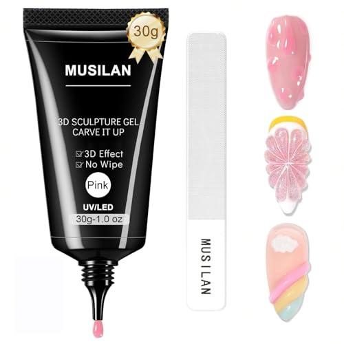 MUSILAN Sculpture Gel - 30g Rose Multifonctionnel Gel 3D Nail Art pour Styling Ongle, 3 en 1 Rhinestone Glue pour Nail Charms DIY Nail Art Design Sculpture dans la Maison avec limes à ongles en Verre