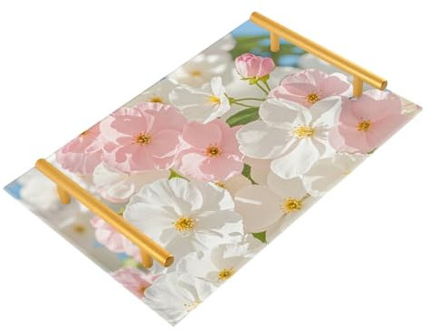 Plateau de service décoratif avec poignées, rose, fleur et blanc en été, plateau de service à café, pour bijoux, parfums, plateaux à thé, service asafates, grandes para servir comida