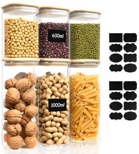 AOOTE Barattoli di Cucina in Vetro, Set di 6 Barattoli in Vetro Borosilicato, 600ml e 1000ml Barattolo Vetro con Coperchio, Barattolo e Contenitori con Etichette, per Pasta, Zucchero, Caffè, Spezie