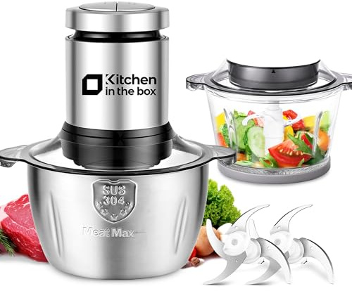Kitchen in the box Picadora Eléctrica 400W, 2 Velocidades, 2 Cuencos: 1L Vidrio + 2L Acero Inoxidable, Cuchillas de Doble Nivel, Trituradora de Alimentos, Verduras, Frutos Secos, Salsas y Mermeladas