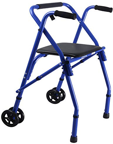 Andador con ruedas plegable azul para ancianos, con asiento y 2 ruedas, asistencia de paso para adultos de aluminio liviano, andador vertical con soporte de altura ajustable