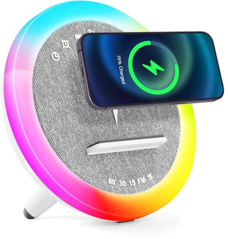 BatdTech Lampe chargeur sans fil, Réveil avec chargeur à induction, Haut-parleur Bluetooth éclairage ambiant synchronisé avec la musique, Réveil numérique, pour lit/salon