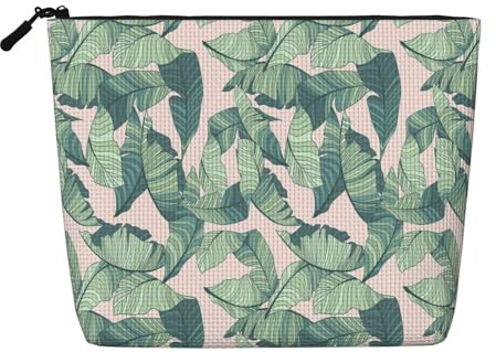Water-Resistant Cosmetic Pouch Organizer for Women Travel, Makeup Bag with Zipper, Lightweight Daily Essentials Pouch for Toiletries Art Supplies Storage, Cute Palm Tree Leaves Fake Hemp Makeup Bag