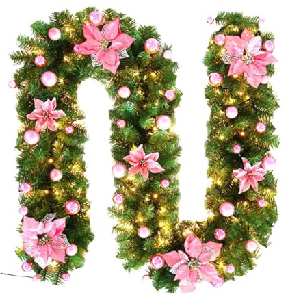 Lichtergirlande für Weihnachten, 2,7 m, künstliche LED-, batteriebetrieben, rote Dekoration, Rattan-Dekoration für