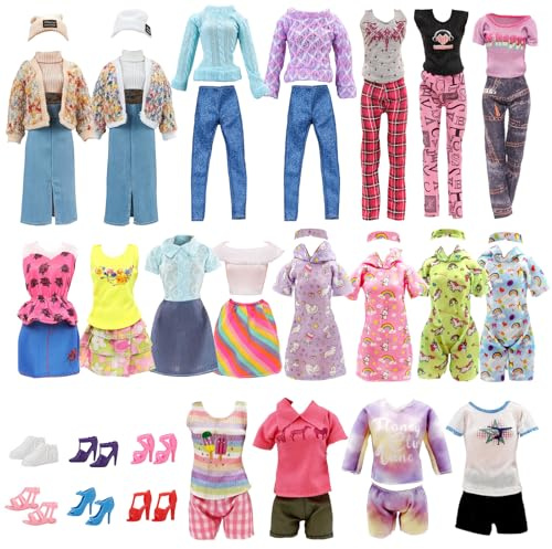 19 Kleidung und Zubehör für 11.5 Zoll Doll Kompatibel mit Barbie 6 Outfits Farbenfrohes Set Gestricktem Denim Stoff Modisches Set Freizeitkleidung Sommerkleidung Pyjama 6 Schuhe für Mädchen Geschenk