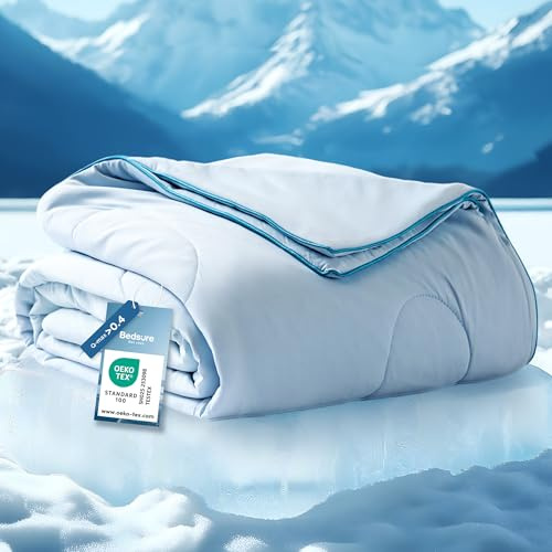 Bedsure Cooling Blanket Throw Size - Lightweight, Single, Blue, 130x150 cm | Ice Breathable, Cooling Blanket for Night Sweats and Hot Sleepers, Summer, Lightweight, Giftable