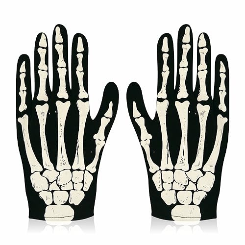 3HA HAHAHA Skeleton Gloves Halloween Gloves Unisex Skeleton Outfit Trick Or Treat Dark Bone Glove Halloween Full Finger Adult Hand Skull Bone Patterned Fancy Dress Party Costume Accessories(1pc)