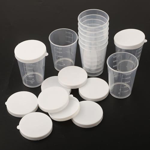 10 Stück 50 ml transparente Kunststoff-Messbecher mit weißen Deckeln, abgestufte Behälter für Küche, Kochen, Backen, Labor, Schule, Verwendung - S