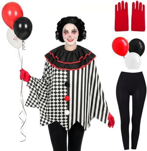 Costume da clown per adulti, mantello da clown, per Halloween, con guanti rossi, pantaloni e palloncini, adatto per feste di carnevale e palline in maschera
