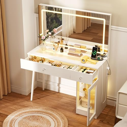 Pamapic Schminktisch mit Großer Spiegel, Frisiertisch mit LED-Beleuchtung, Schminktisch mit Glasplatte, 2 Schubladen Schminktische mit Steckdose, 3 Lichtfarben, 1 Schränk, Weiß