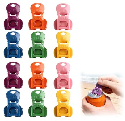 Juego de 12 latas de latas de bebidas, abrelatas manual y cierre para cola, cerveza, refrescos, fácil de abrir, protege contra el polvo y los insectos, para niños y ancianos