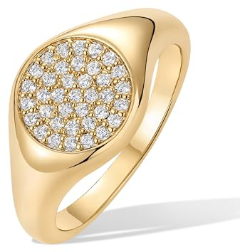 PAVOI 14K Yellow Gold Plated Signet Ring for Women | Pinky Ring with Round Cubic Zirconia | Dainty Lightweight Thin Statement Trendy Fashion Jewelry - Yellow, Size 5