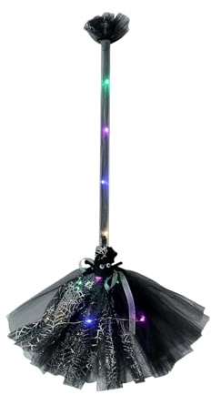 juxouoo Escoba de bruja de Halloween para disfraces, con iluminación LED para cosplay, disfraz de Halloween, escoba de bruja como accesorio, para mujeres, niñas, estudiantes, casa de miedo, cementerio
