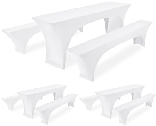 FXKS Stretchhussen Set 9tlg. 3 Biertisch + 6 Bierbank Hussen Weiße | Für 3 Bierzeltgarnituren, 220 x 50 x 70 cm, Elastisch und Waschbar, mit Fußtaschen für Party und Bankett