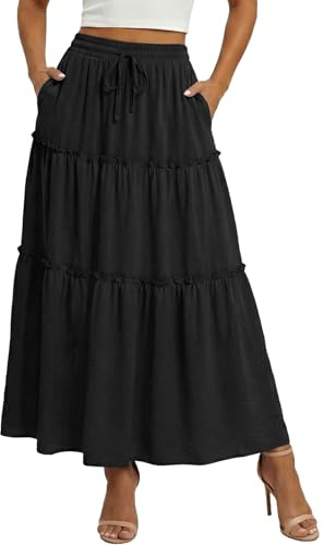 WERFORU Women's Skirts Elastic High Waist Long Skirt with Pockets Elegant Maxi Skirt for Women A-Line High Waist Boho Skirts Black