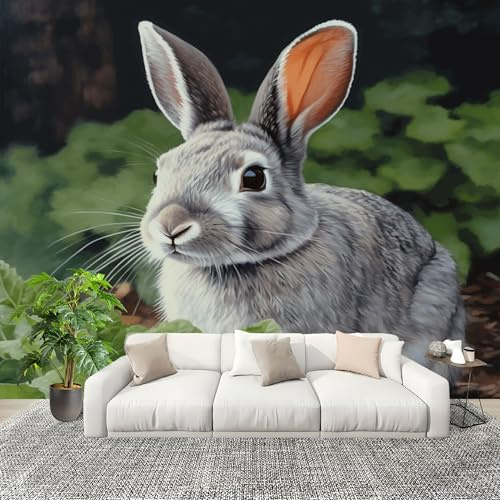 Mural Papel Pintado 3D 300x210 cm Jungla Animales Conejo Hoja Fotomurales Tejido No Tejido Antiarrugas Póster Verde Murales Fotográfico Moderno Decoración de Paredes